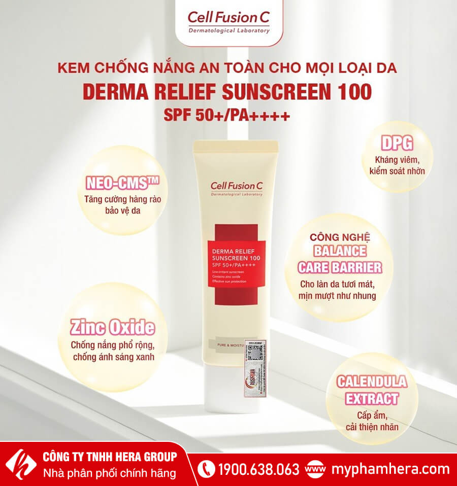 Kem chống nắng an toàn cho mọi loại da Cell Fusion C Derma Relief Sunscreen 100 SPF50+/PA++++ (35ml)