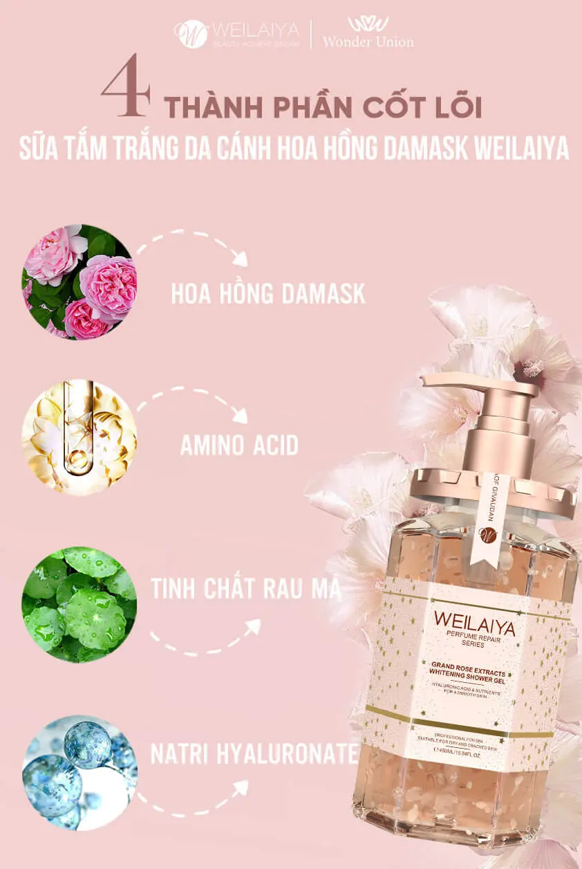 thành phần sữa tắm trắng da cánh hoa hồng damask weilaiya myphamhera.com