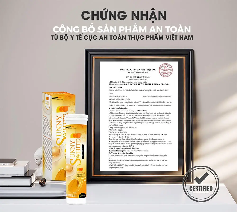 giấy chứng nhận viên sủi trắng da sunny white myphamhera.com