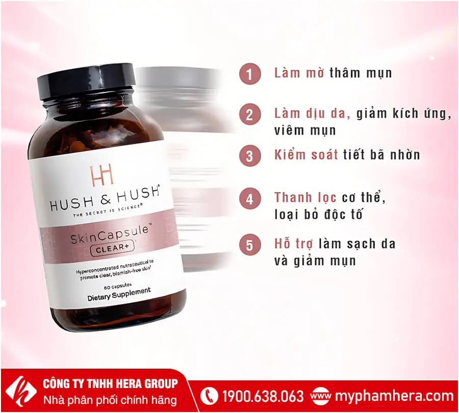 công dụng viên uống trị mụn Hush Hush SkinCapsule clear myphamhera.com