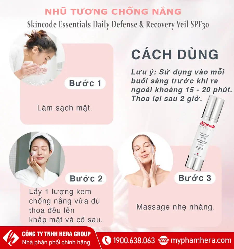 cách sử dụng nhũ tương phục hồi bảo vệ da và chống nắng spf30 skincode myphamhera.com