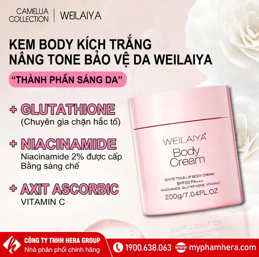 thành phần kem body kích trắng nâng tone bảo vệ da Weilaiya myphamhera.com