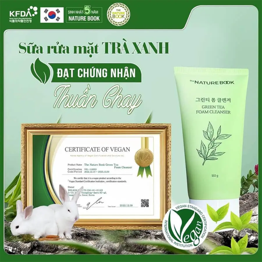 giấy chứng nhận sữa rửa mặt trà xanh the nature book myphamhera.com