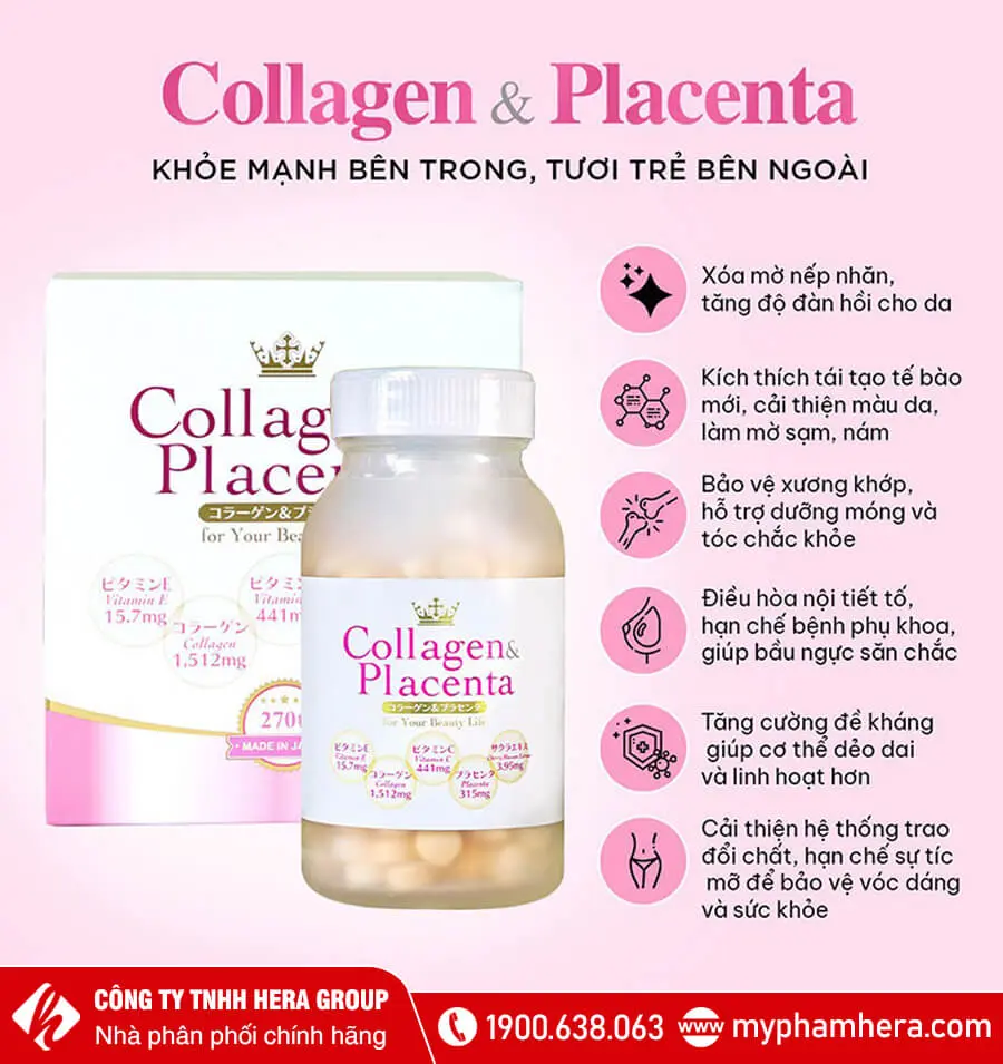 công dụng Viên uống trắng da Collagen & Placenta myphamhera.com