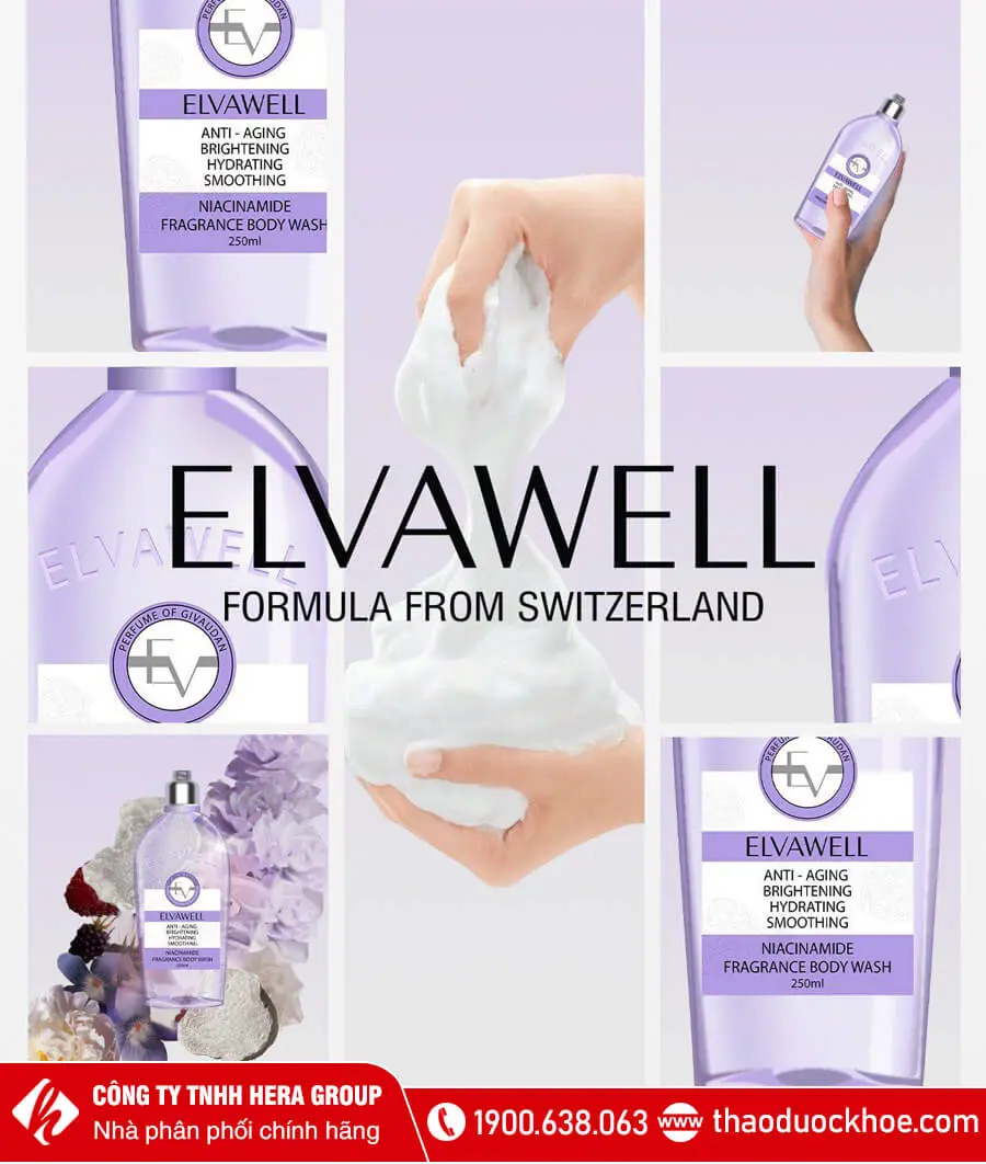 sữa tắm nước hoa trắng da niacinamide elvawell myphamhera.com