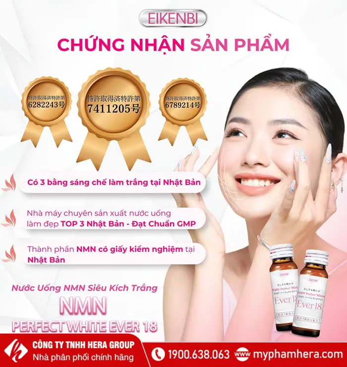 Chứng nhận Nước uống kích trắng NMN Perfect White Ever 18 Eikenbi