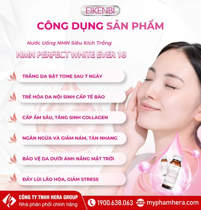 Công dụng Nước uống kích trắng NMN Perfect White Ever 18 Eikenbi