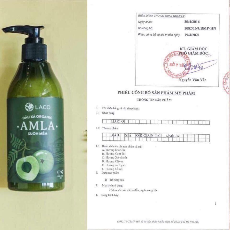 giấy chứng nhận dầu xả trị rụng tóc amla