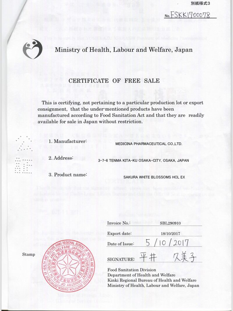 giấy chứng nhận viên uống trị nám sakura hcl myphamhera.com