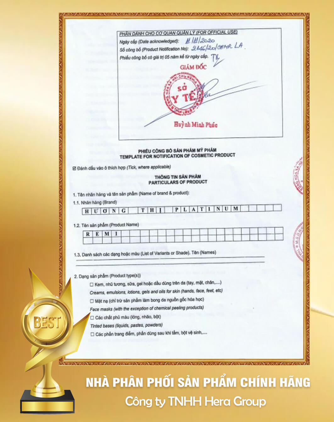 giấy chứng nhận nước hoa nam remi hương thị myphamhera.com