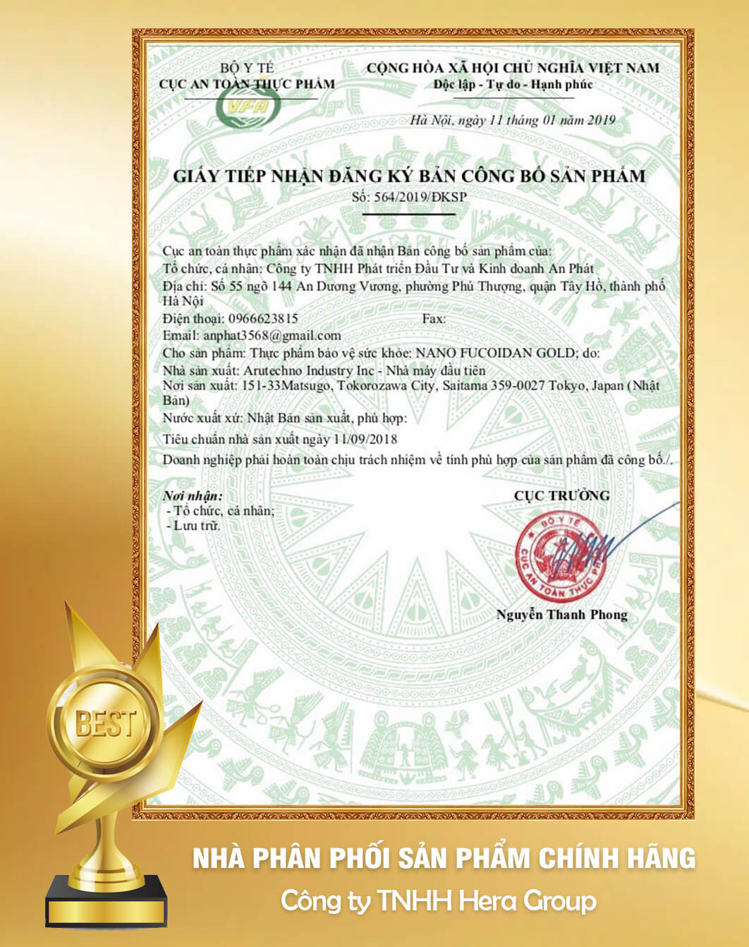 giấy chứng nhận viên uống nano fucoidan gold myphamhera.com