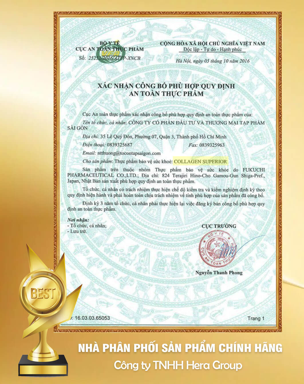 giấy chứng nhận nước uống superior collagen10.000mg myphamhera.com