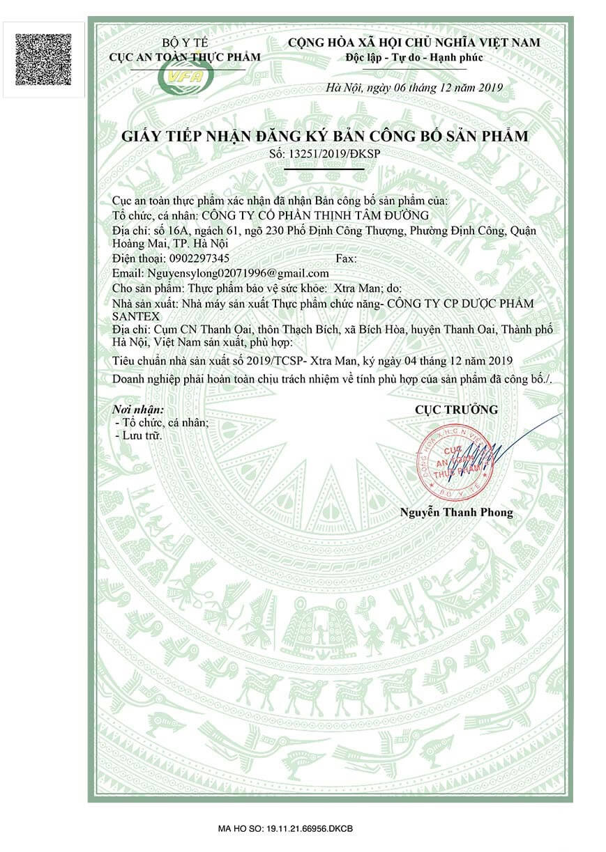 giấy chứng nhận viên sủi XtraMan chính hãng myphamhera.com