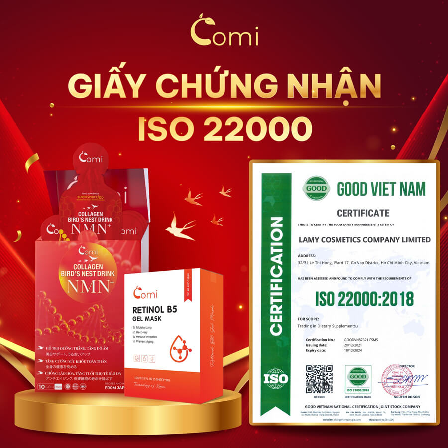 giấy chứng nhận nước uống Collagen Yến NMN+ Comi chính hãng myphamhera.com