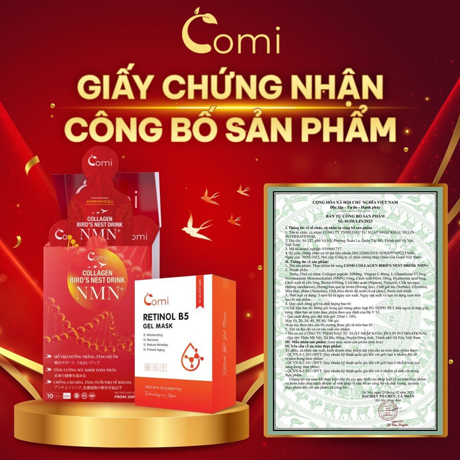 giấy chứng nhận nước uống Collagen Yến NMN+ Comi chính hãng myphamhera.com