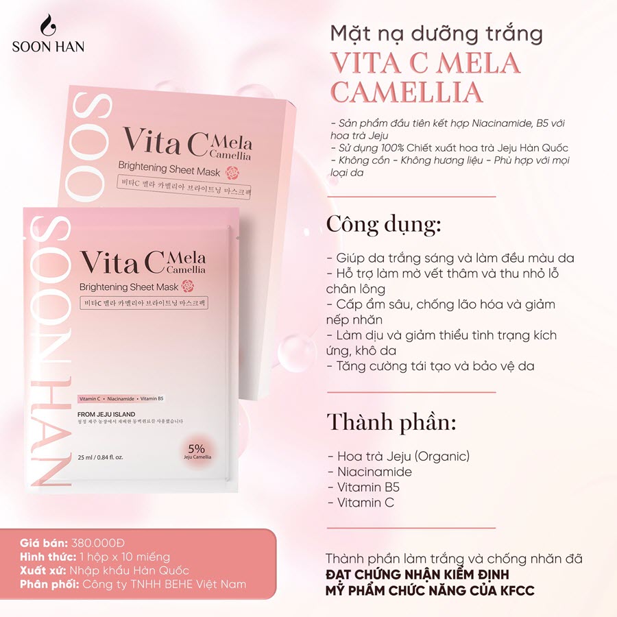 Mặt nạ dưỡng trắng Vita C Mela Camellia Soon Han