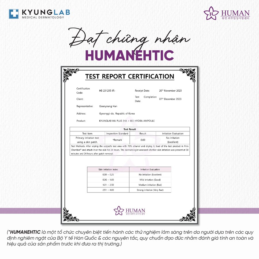 Chứng nhận Humanehtic KyungLab Hàn Quốc